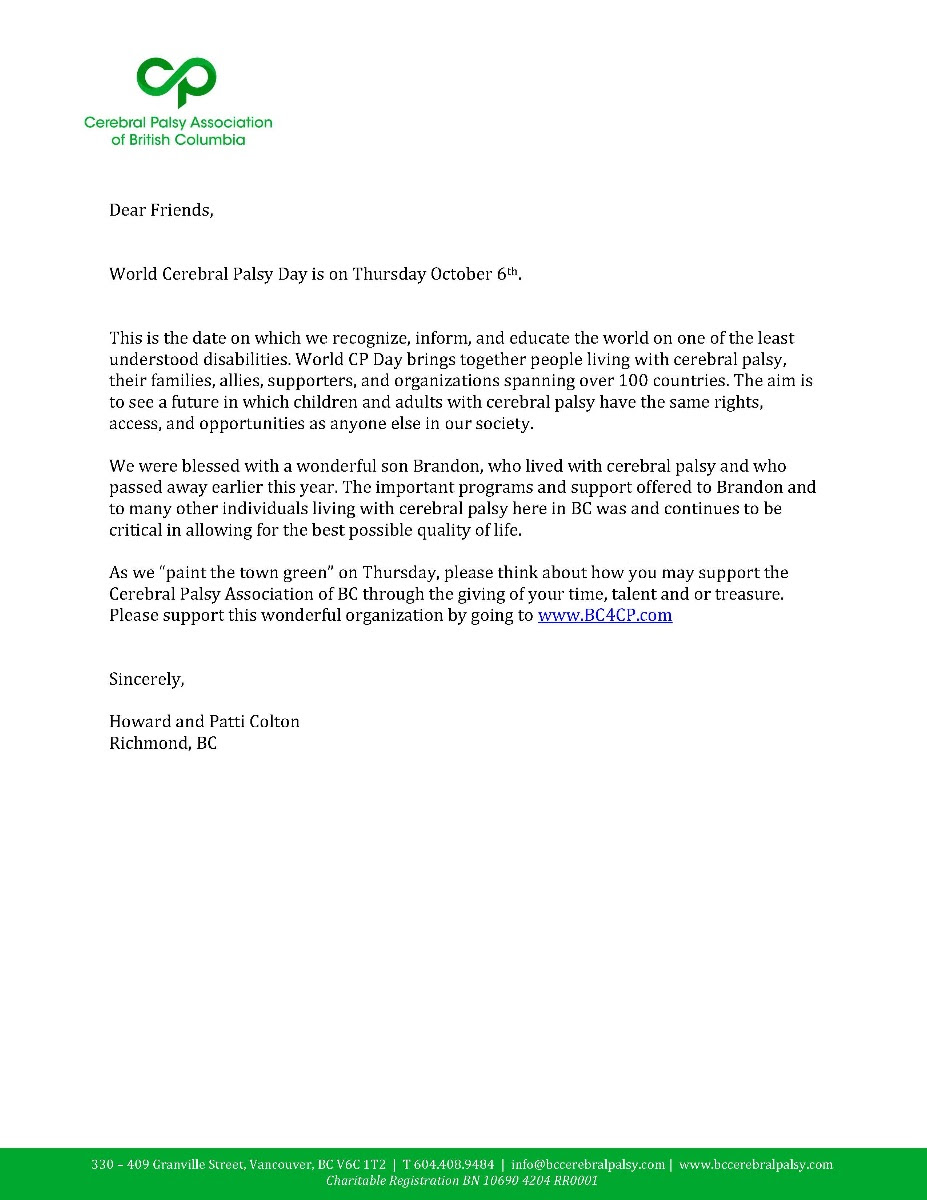Colton Letter Today is World Cerebral Palsy Day - Renaud Law Group